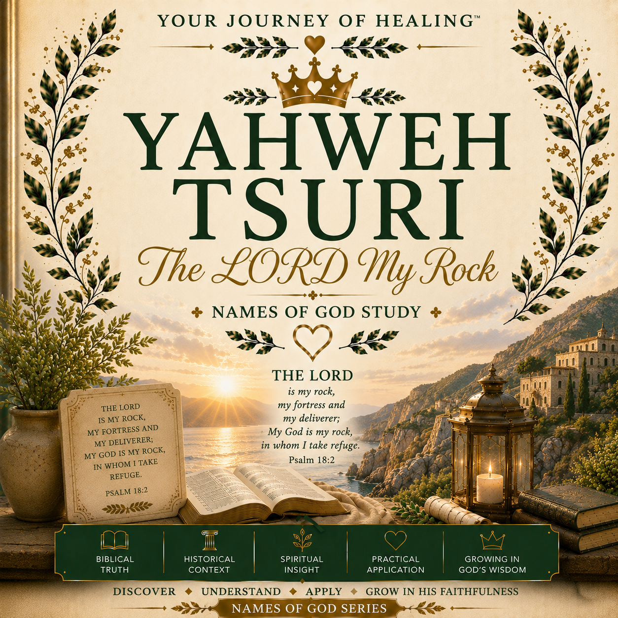 A book cover for 'Yahweh Tsuri: The Lord My Rock - Names of God Study' featuring a scenic background of Jerusalem at sunrise, an open Bible, a candle, and decorative gold leaf borders and crown graphics.