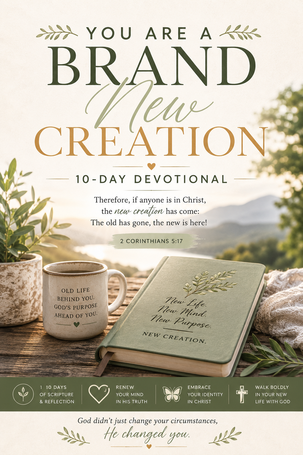 A 10-day devotional book cover titled 'YOU ARE A BRAND NEW CREATION' with a soft beige and green design, featuring a Bible, a mug, and a cozy blanket on a wooden table. The cover includes inspirational text and small icons along the bottom.