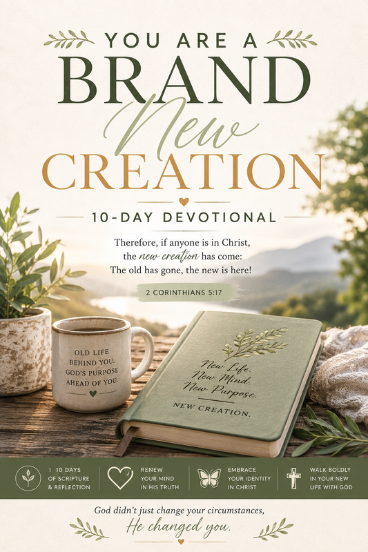 A 10-day devotional book cover titled 'YOU ARE A BRAND NEW CREATION' with a soft beige and green design, featuring a Bible, a mug, and a cozy blanket on a wooden table. The cover includes inspirational text and small icons along the bottom.