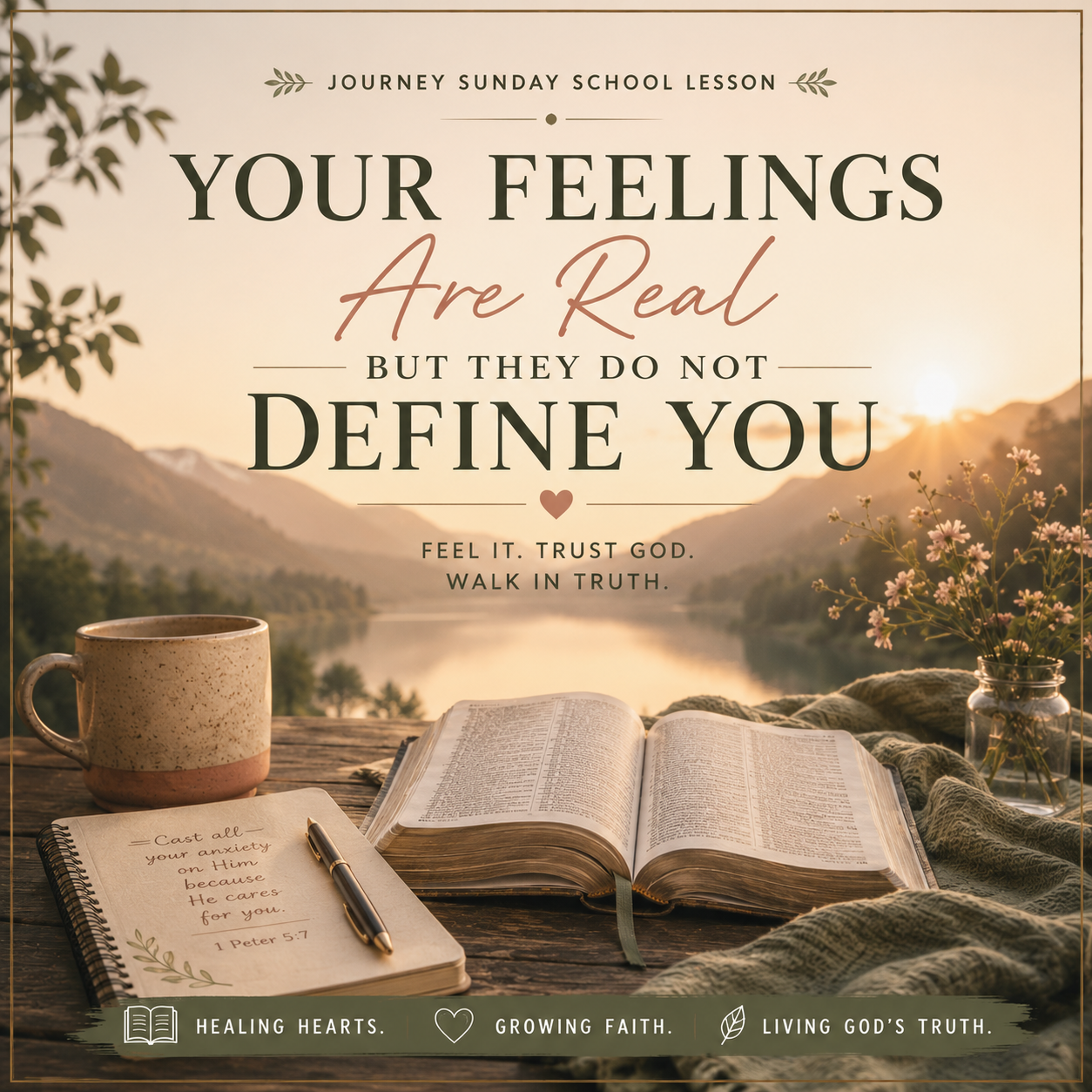 Your Feelings Are Real But They Do Not Define You Sunday School lesson featuring a woman looking into a mirror with words of identity in Christ such as loved, chosen, redeemed, forgiven, and worthy.