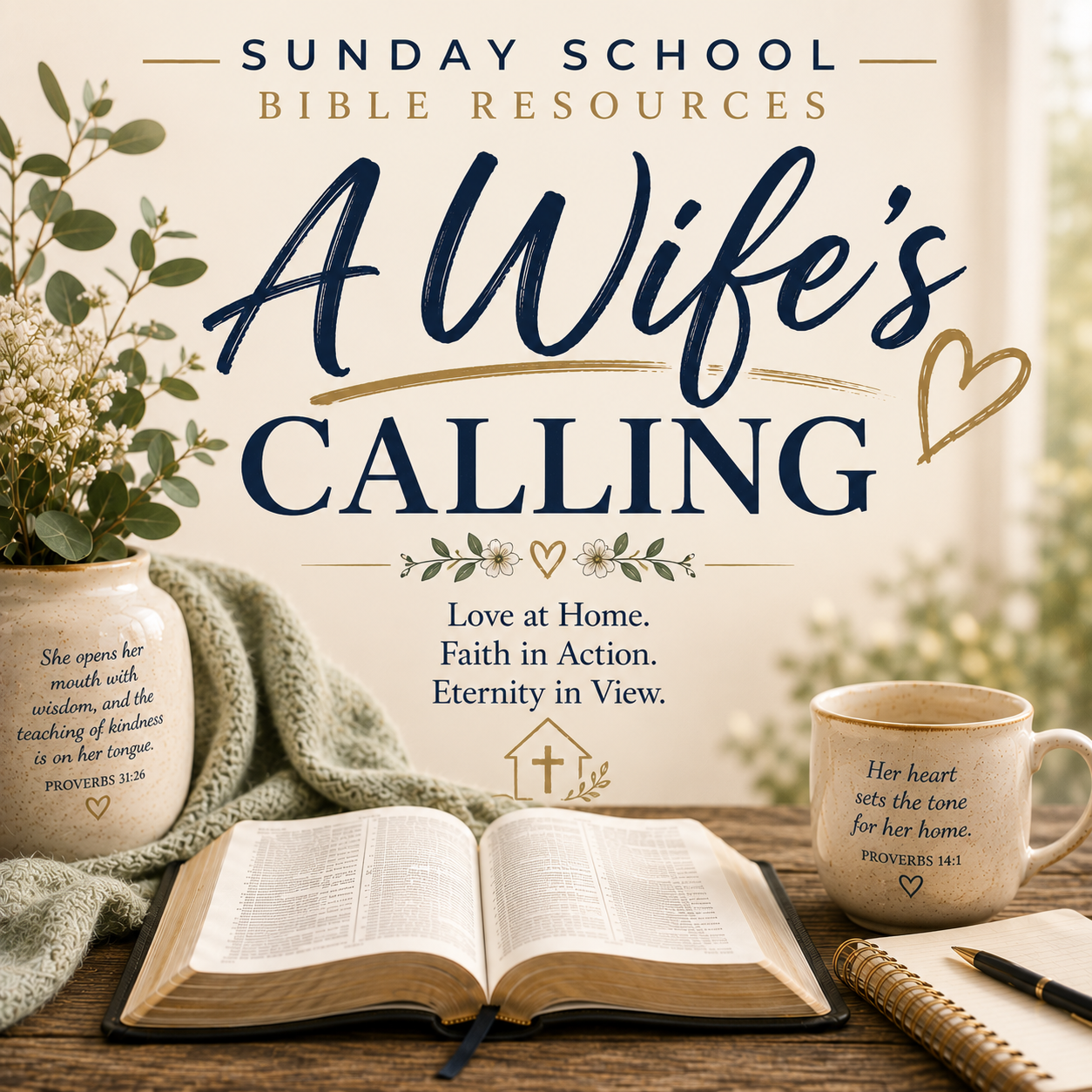 Sunday School Bible Resources book cover titled 'A Wife's Calling' displayed on a styled tabletop scene with an open Bible, mugs, a notebook, and a knitted blanket.